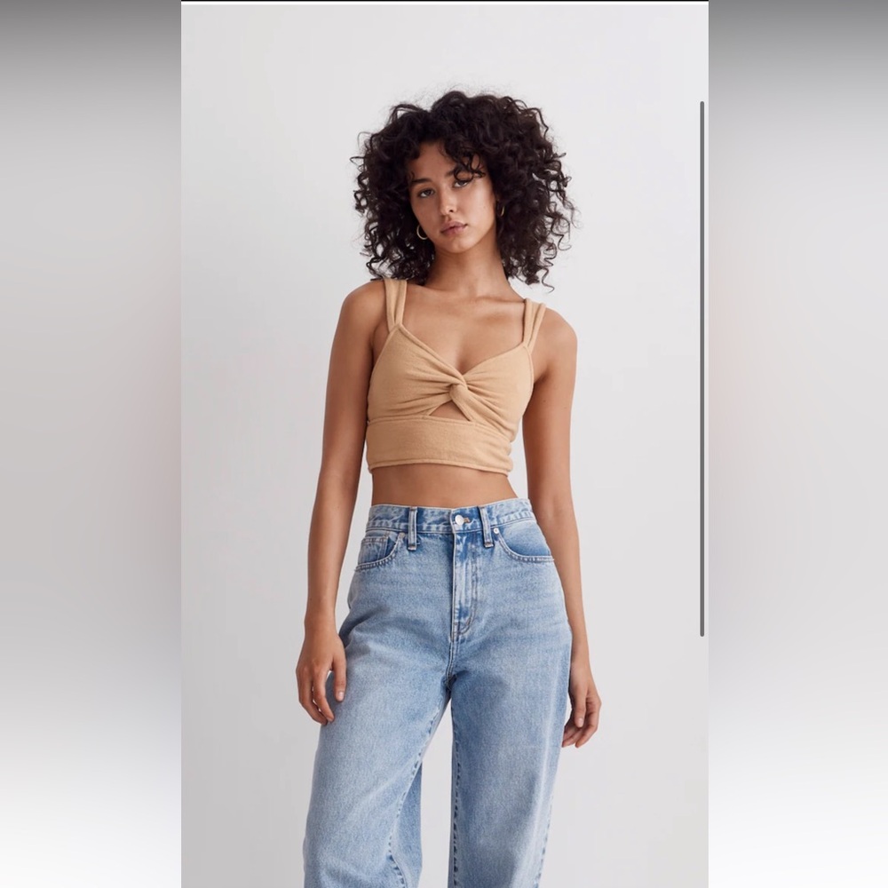 MEDIUM Madewell Cutout Knot-Front Crop Tank Top dried straw color fitted cotton